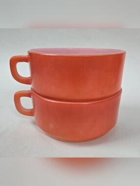Set 2 VTG Anchor Hocking Fire-King Red Orange Ovenproof Stacking Soup Bowls Mugs